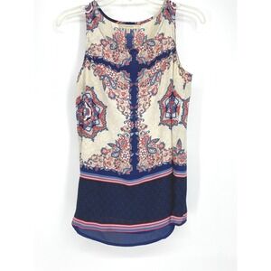 41 HAWTHORN Sleeveless‎ Top Blouse S Small Floral Paisley Navy Blue Red Cream
